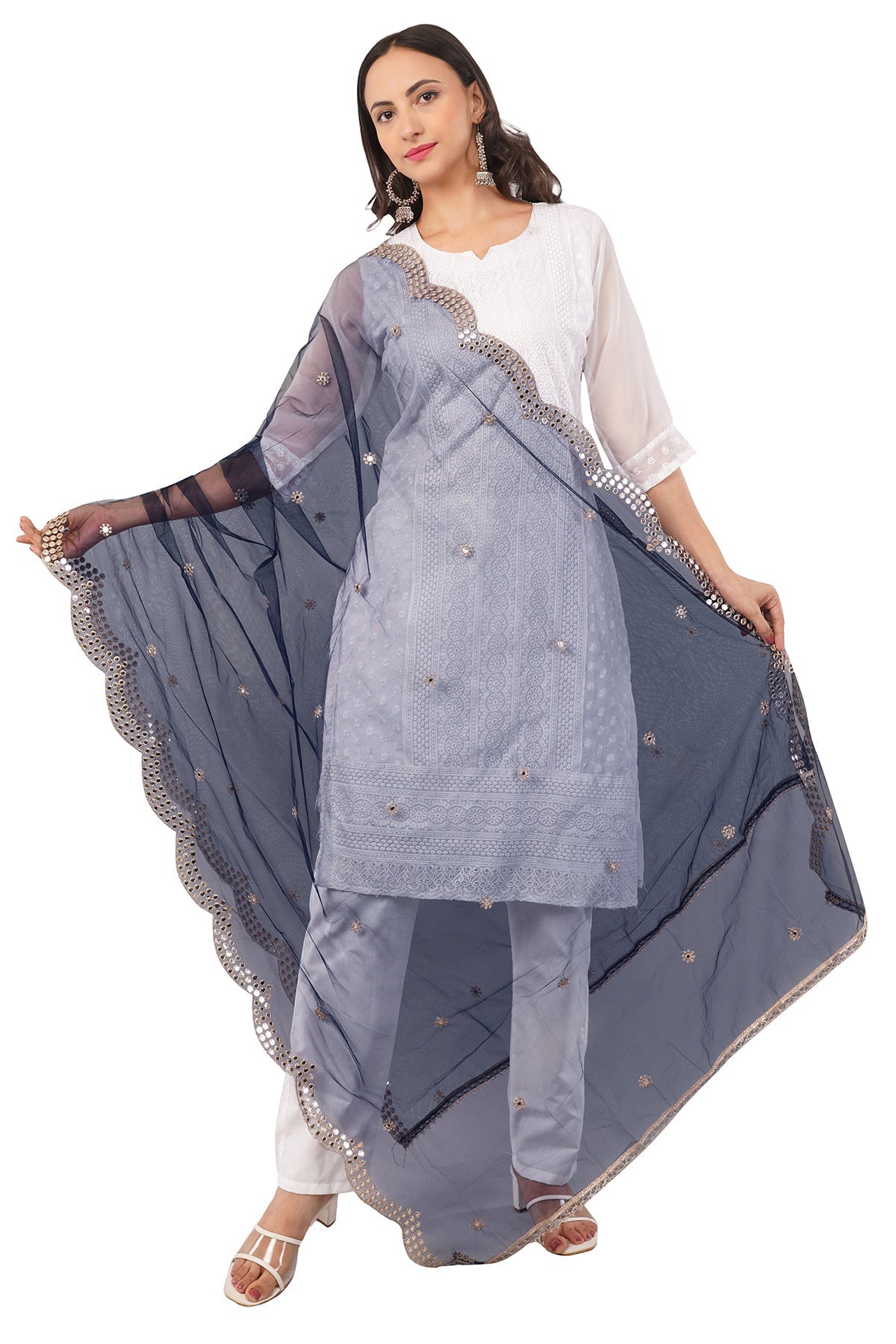 Net Cutwork Dupatta  – Embroidered With Mirror work | Navy Blue (NC8) | IVAARA.