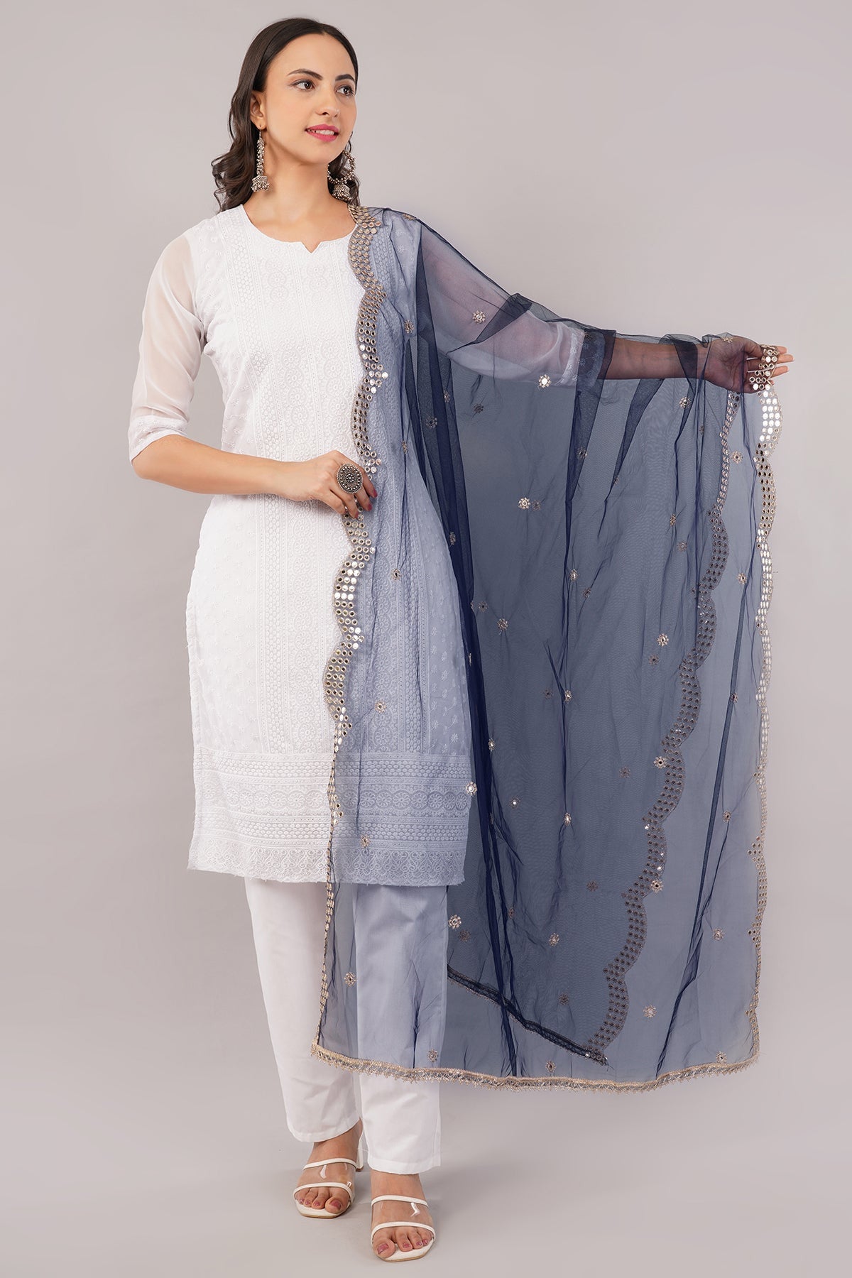 Net Cutwork Dupatta  – Embroidered With Mirror work | Navy Blue (NC8) | IVAARA.