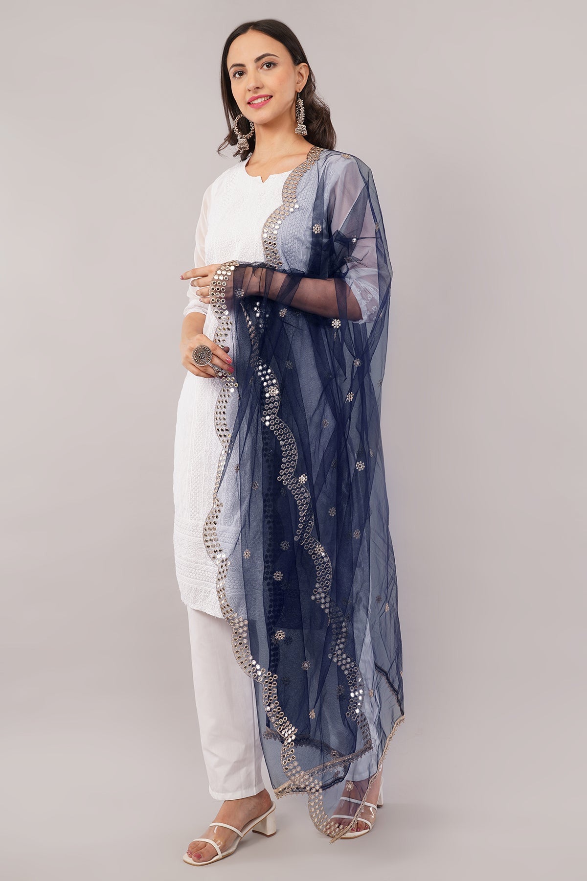 Net Cutwork Dupatta  – Embroidered With Mirror work | Navy Blue (NC8) | IVAARA.