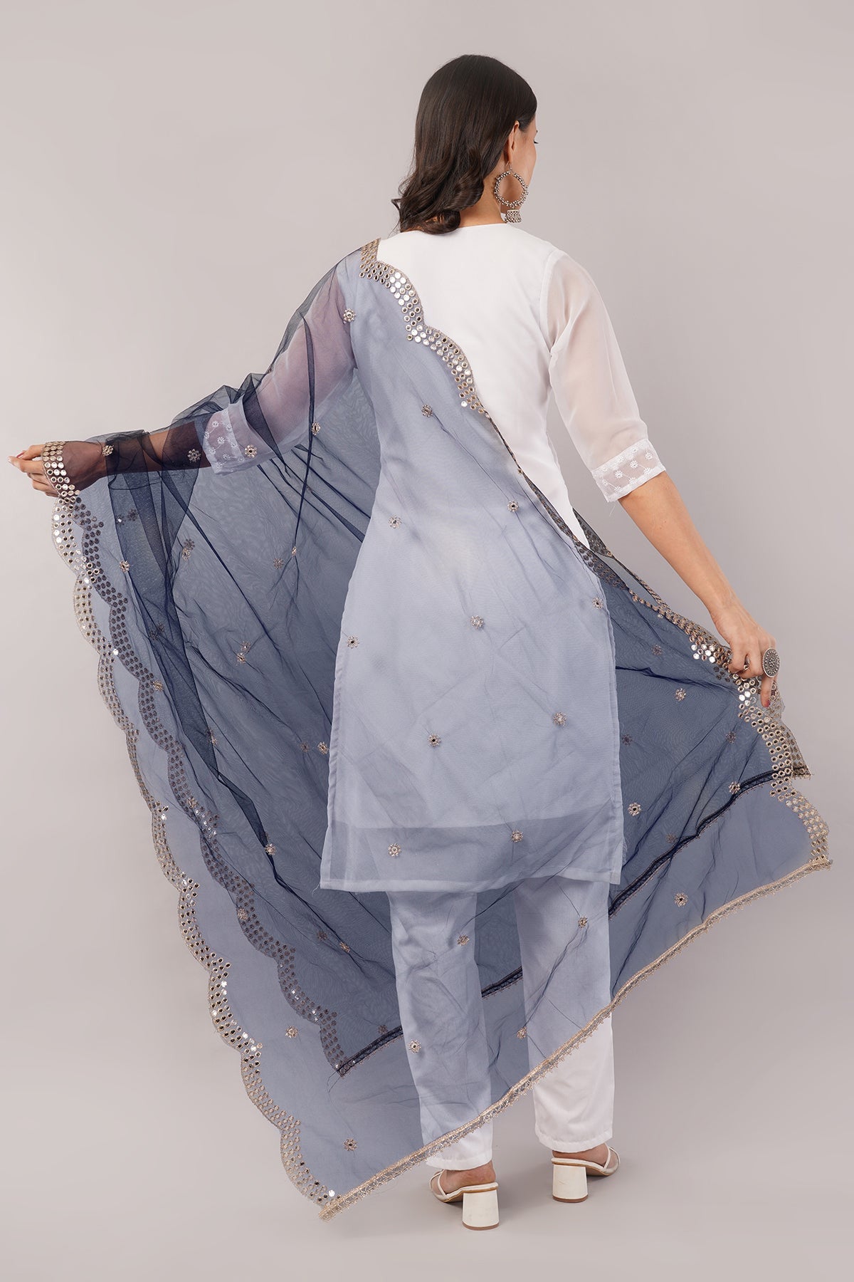 Net Cutwork Dupatta  – Embroidered With Mirror work | Navy Blue (NC8) | IVAARA.