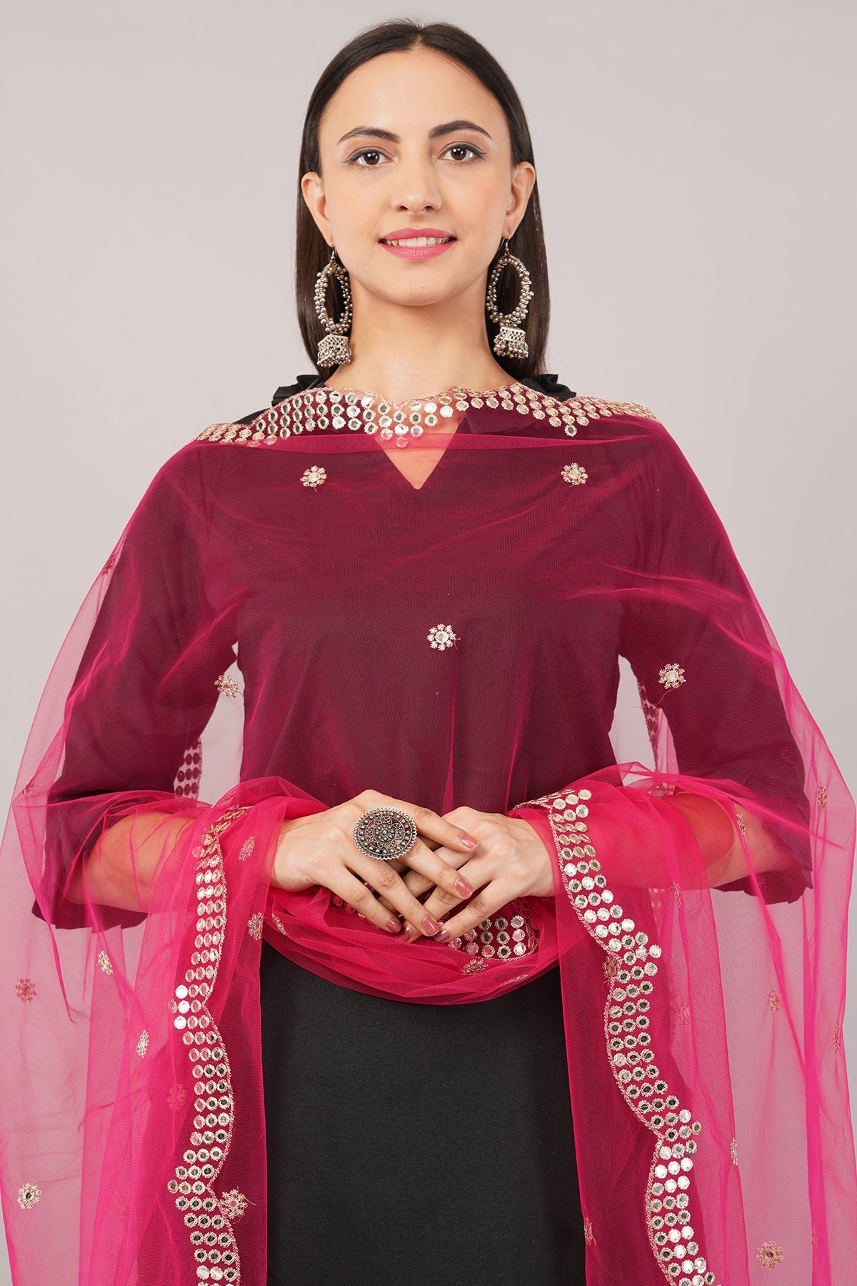 Net Cutwork Dupatta  – Embroidered With Mirror work | Rani (NC2) | IVAARA.