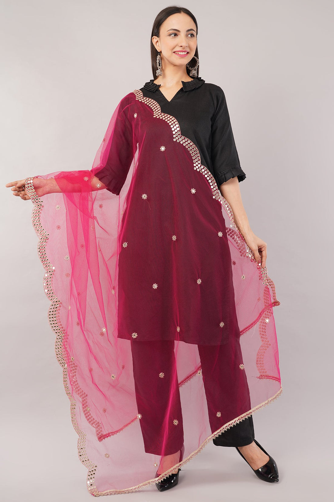 Net Cutwork Dupatta  – Embroidered With Mirror work | Rani (NC2) | IVAARA.