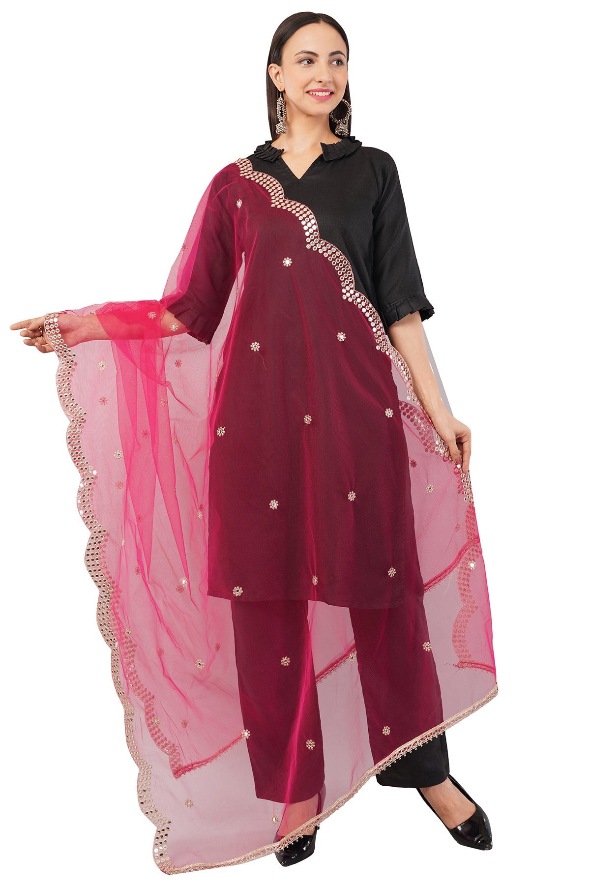 Net Cutwork Dupatta  – Embroidered With Mirror work | Rani (NC2) | IVAARA.