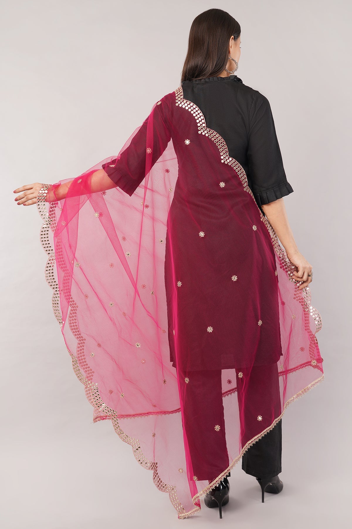Net Cutwork Dupatta  – Embroidered With Mirror work | Rani (NC2) | IVAARA.
