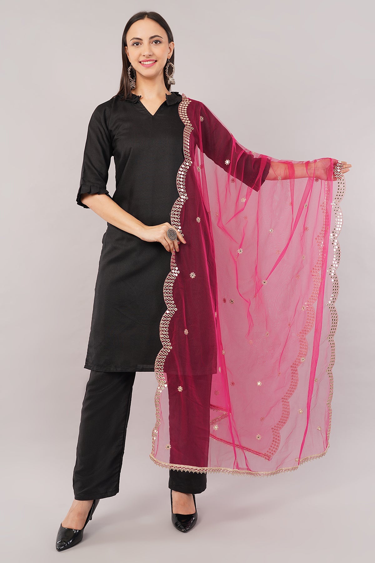 Net Cutwork Dupatta  – Embroidered With Mirror work | Rani (NC2) | IVAARA.