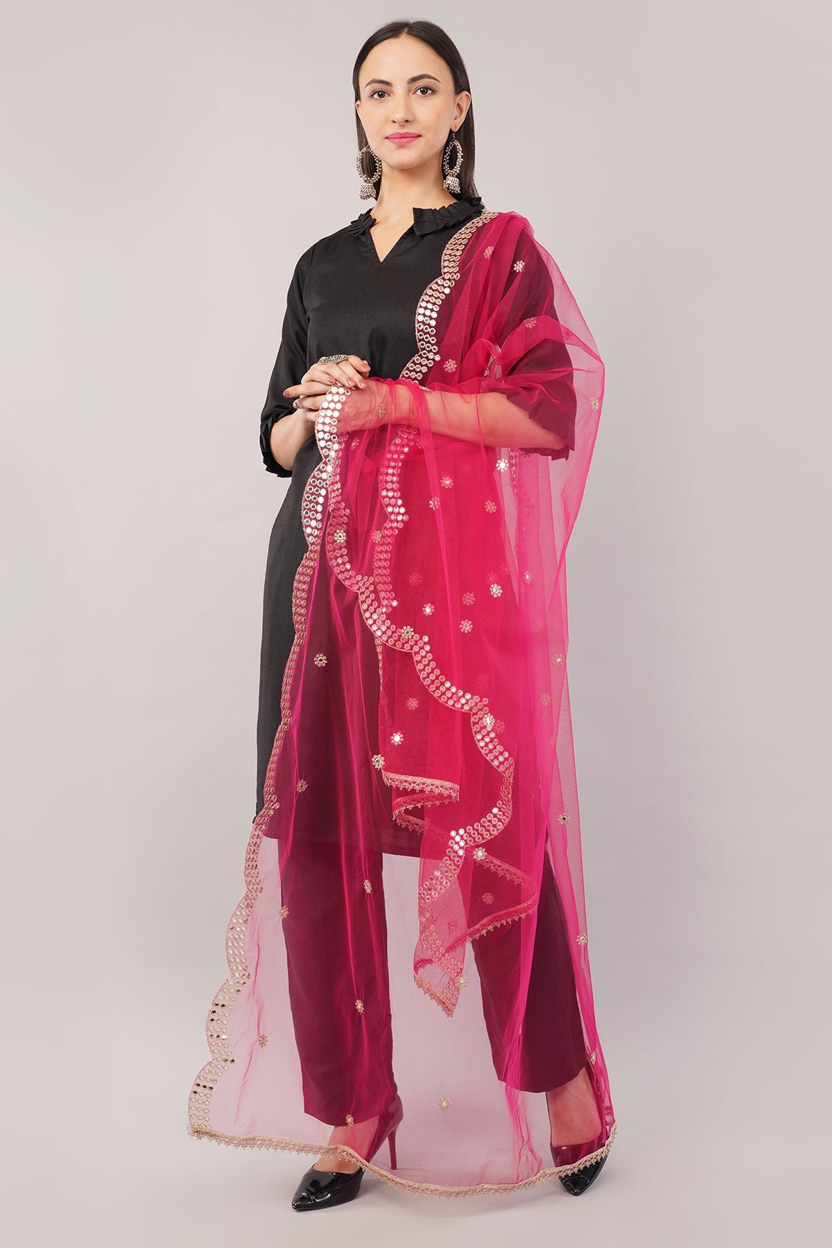 Net Cutwork Dupatta  – Embroidered With Mirror work | Rani (NC2) | IVAARA.