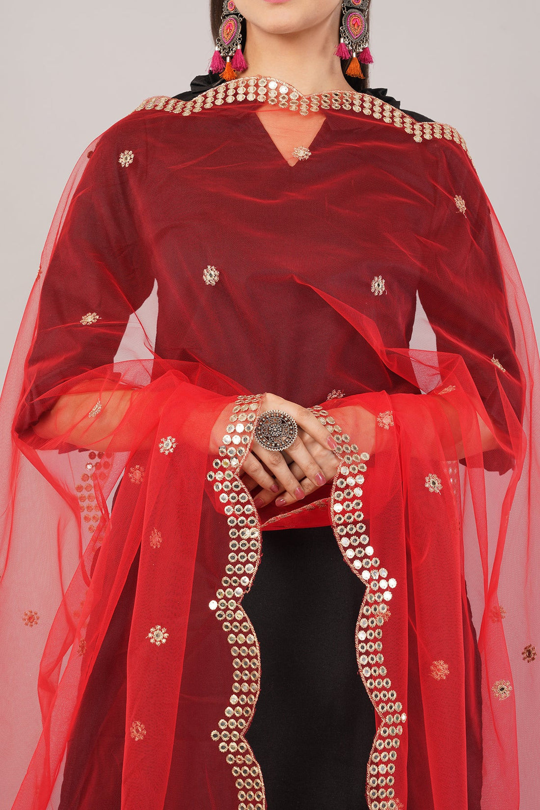 Net Cutwork Dupatta  – Embroidered With Mirror work | Red (NC1) | IVAARA.