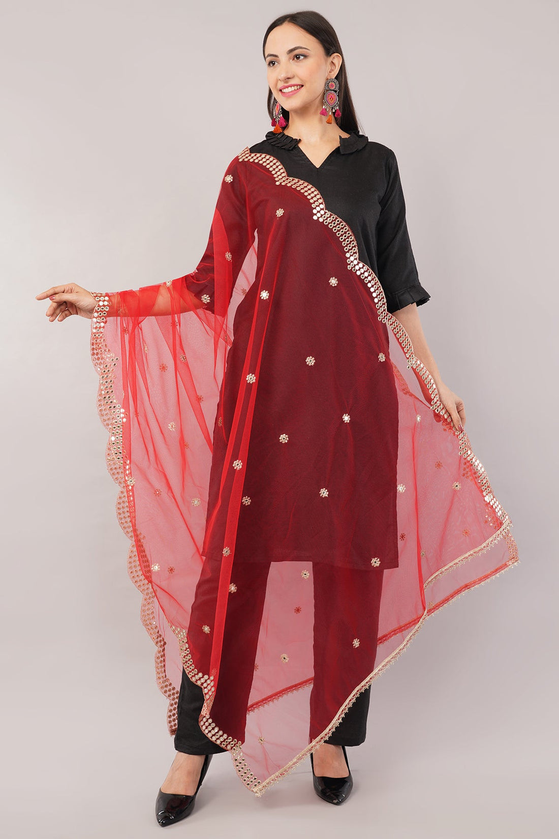 Net Cutwork Dupatta  – Embroidered With Mirror work | Red (NC1) | IVAARA.