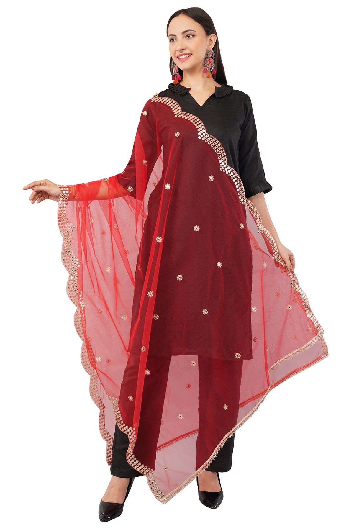 Net Cutwork Dupatta  – Embroidered With Mirror work | Red (NC1) | IVAARA.