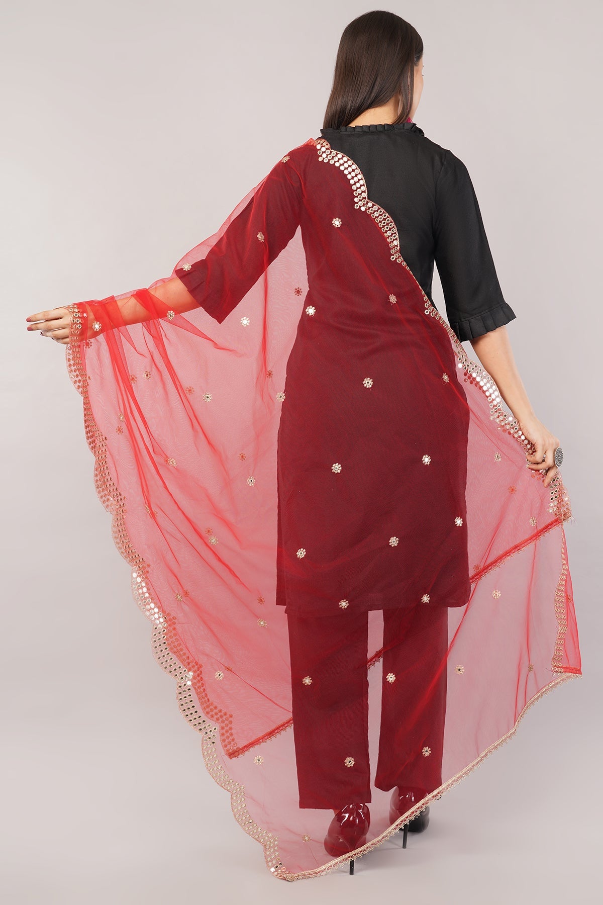 Net Cutwork Dupatta  – Embroidered With Mirror work | Red (NC1) | IVAARA.