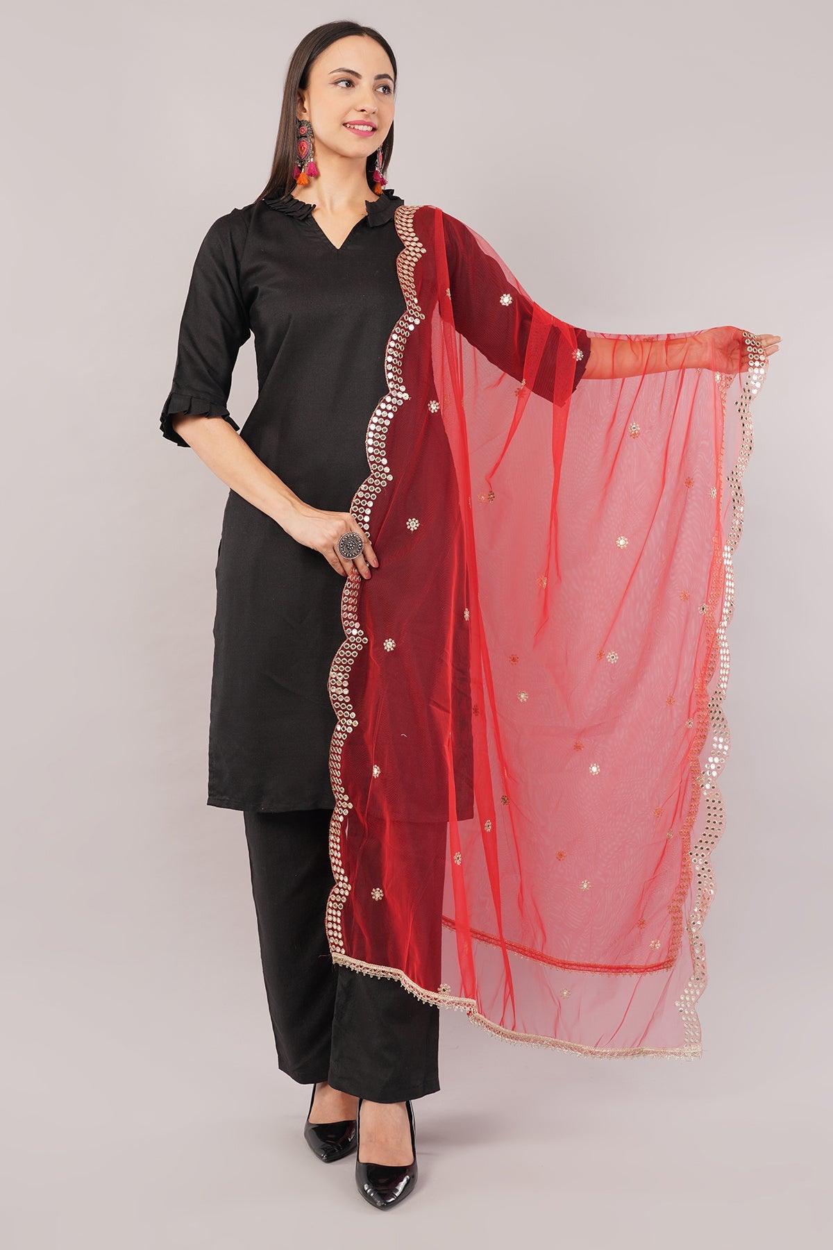 Net Cutwork Dupatta  – Embroidered With Mirror work | Red (NC1) | IVAARA.