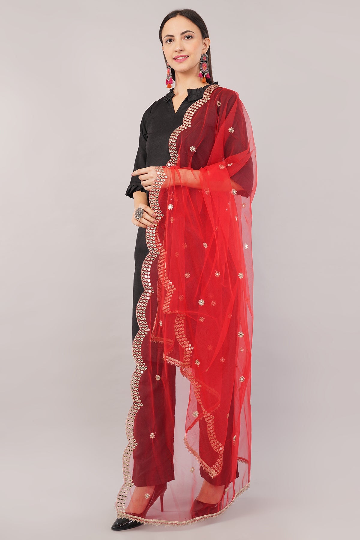 Net Cutwork Dupatta  – Embroidered With Mirror work | Red (NC1) | IVAARA.