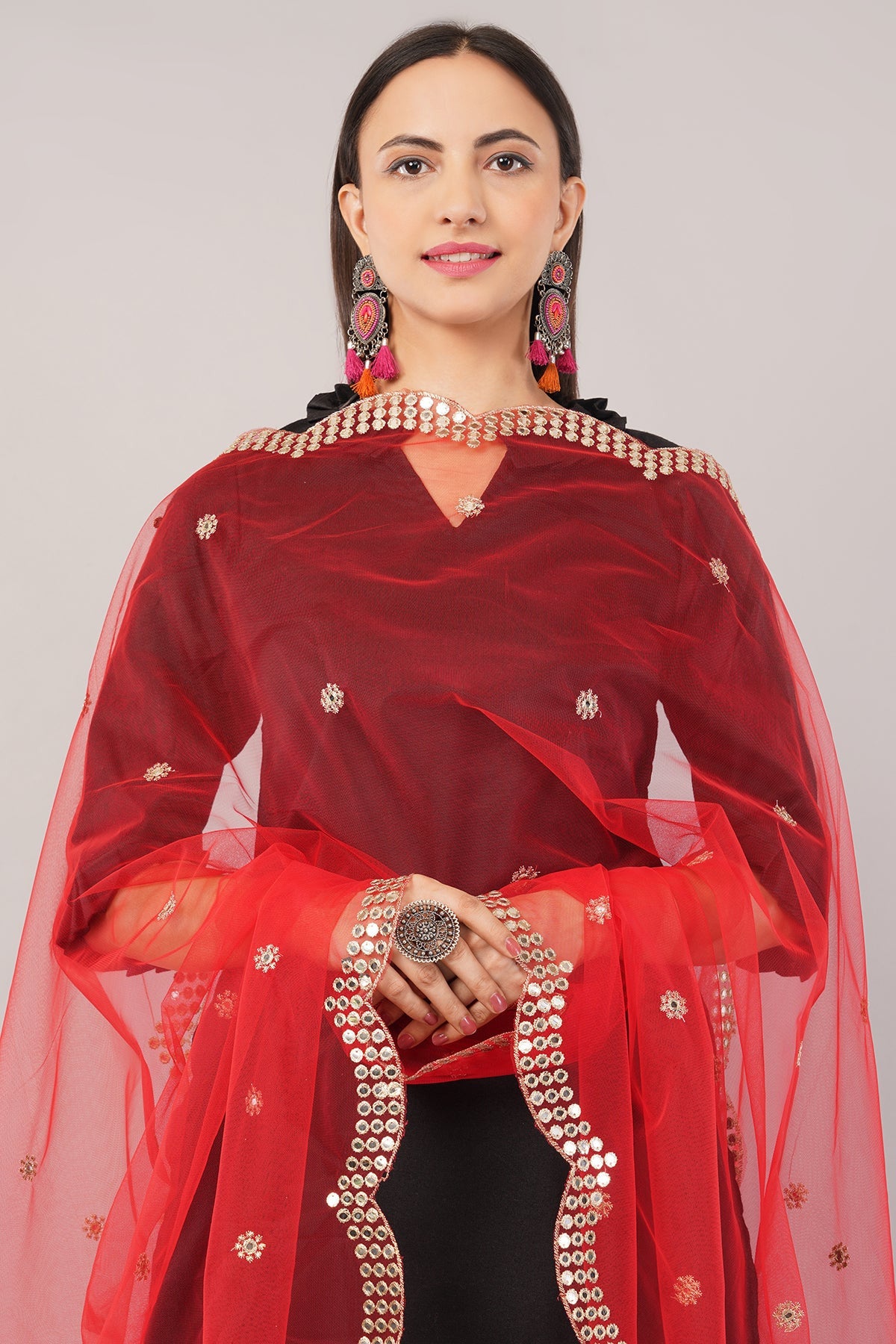 Net Cutwork Dupatta  – Embroidered With Mirror work | Red (NC1) | IVAARA.