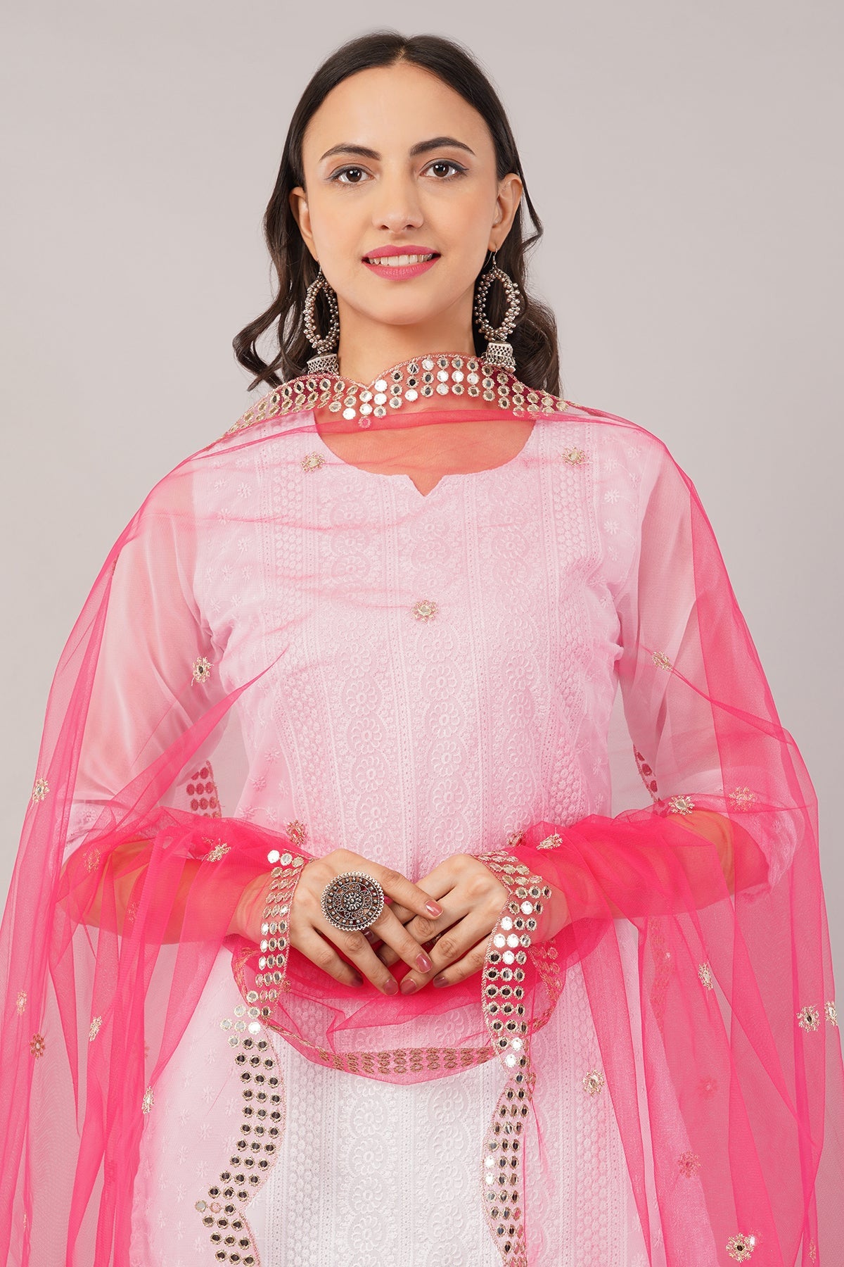 Net Cutwork Dupatta  – Embroidered With Mirror work | Hot Pink (NC4) | IVAARA.