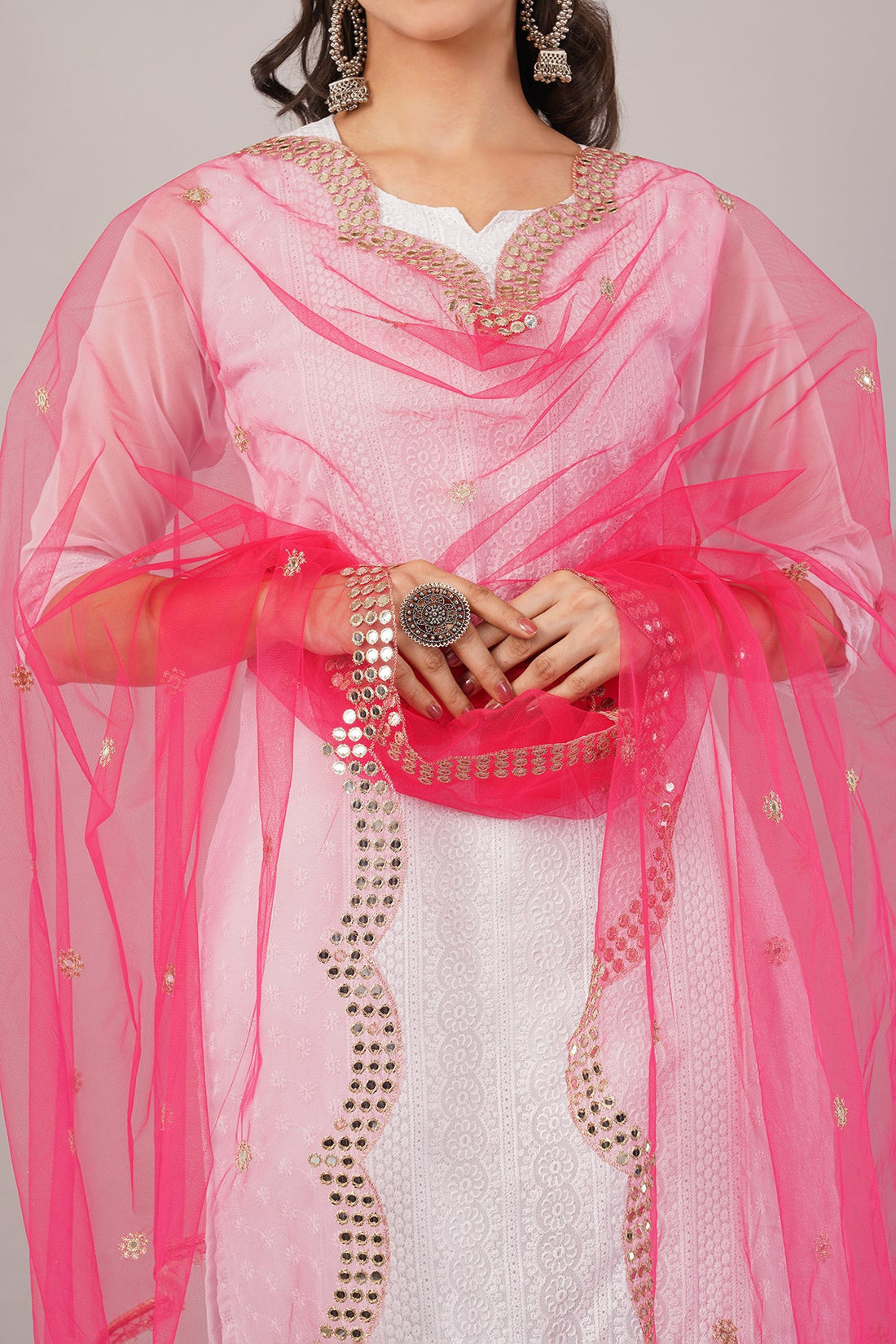 Net Cutwork Dupatta  – Embroidered With Mirror work | Hot Pink (NC4) | IVAARA.