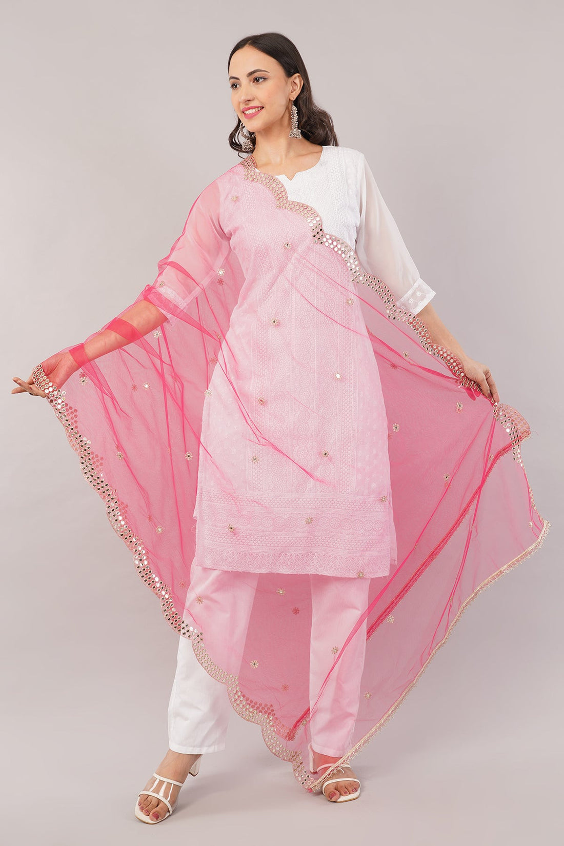 Net Cutwork Dupatta  – Embroidered With Mirror work | Hot Pink (NC4) | IVAARA.