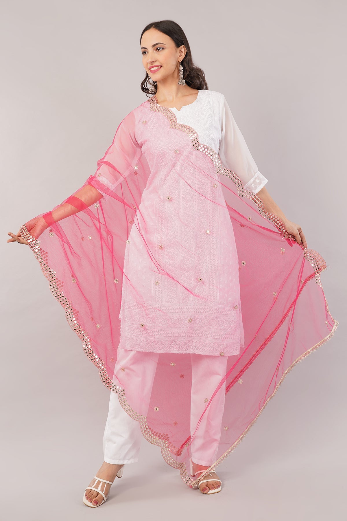 Net Cutwork Dupatta  – Embroidered With Mirror work | Hot Pink (NC4) | IVAARA.