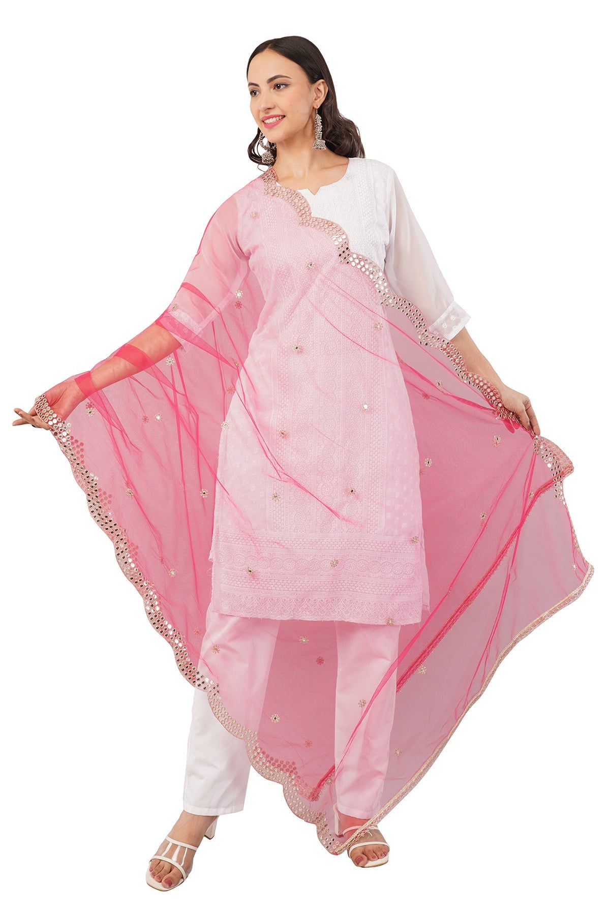 Net Cutwork Dupatta  – Embroidered With Mirror work | Hot Pink (NC4) | IVAARA.