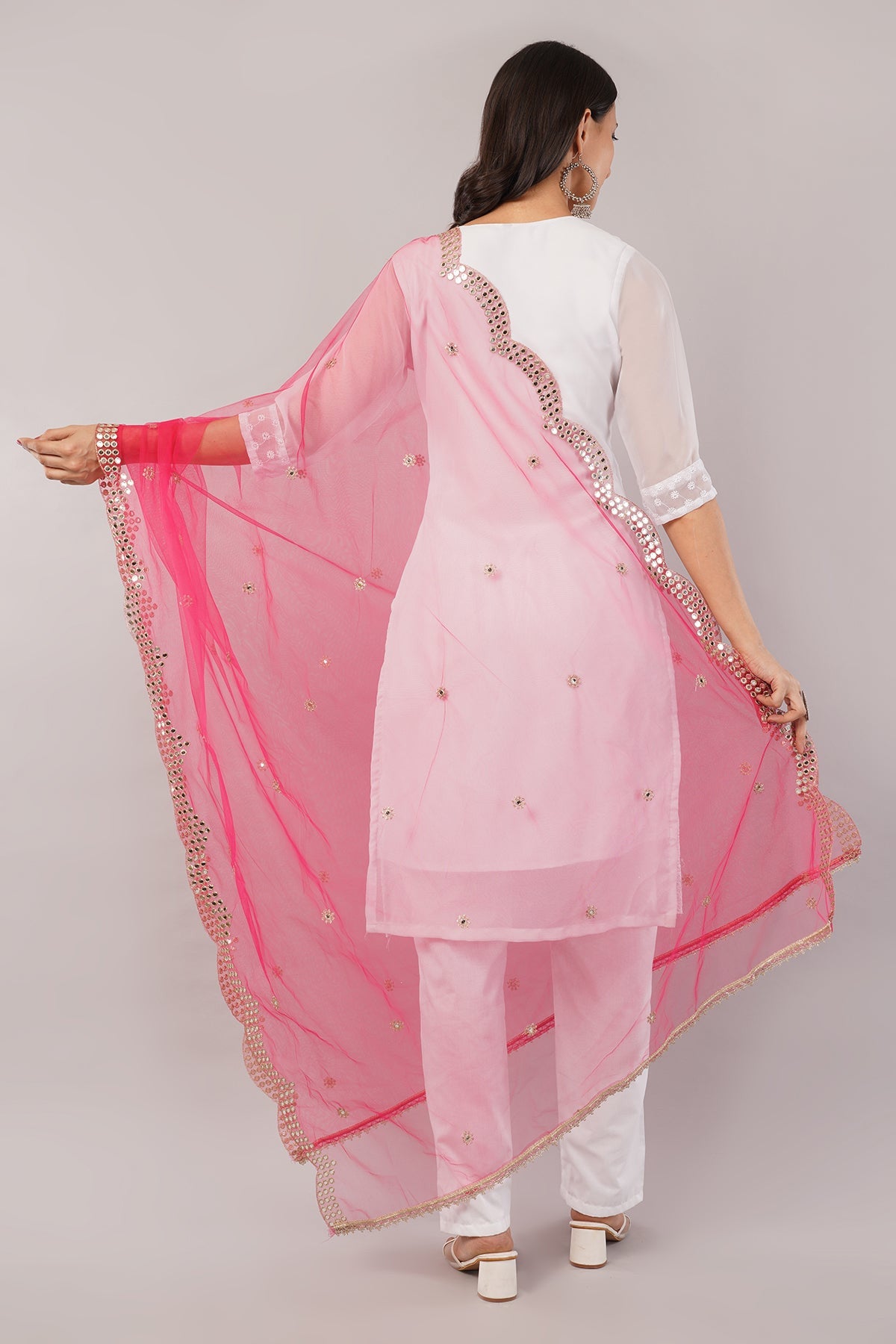 Net Cutwork Dupatta  – Embroidered With Mirror work | Hot Pink (NC4) | IVAARA.