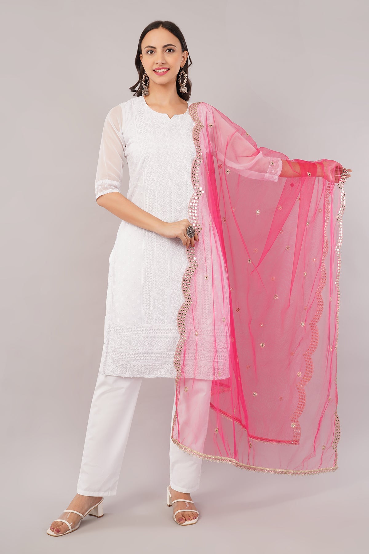 Net Cutwork Dupatta  – Embroidered With Mirror work | Hot Pink (NC4) | IVAARA.