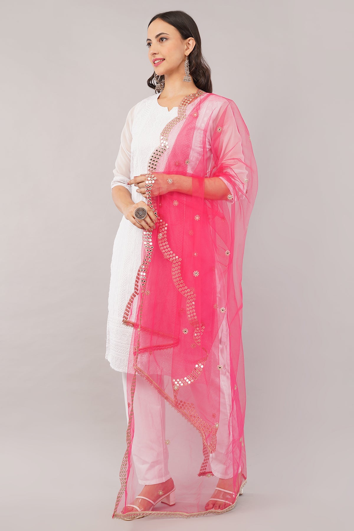 Net Cutwork Dupatta  – Embroidered With Mirror work | Hot Pink (NC4) | IVAARA.
