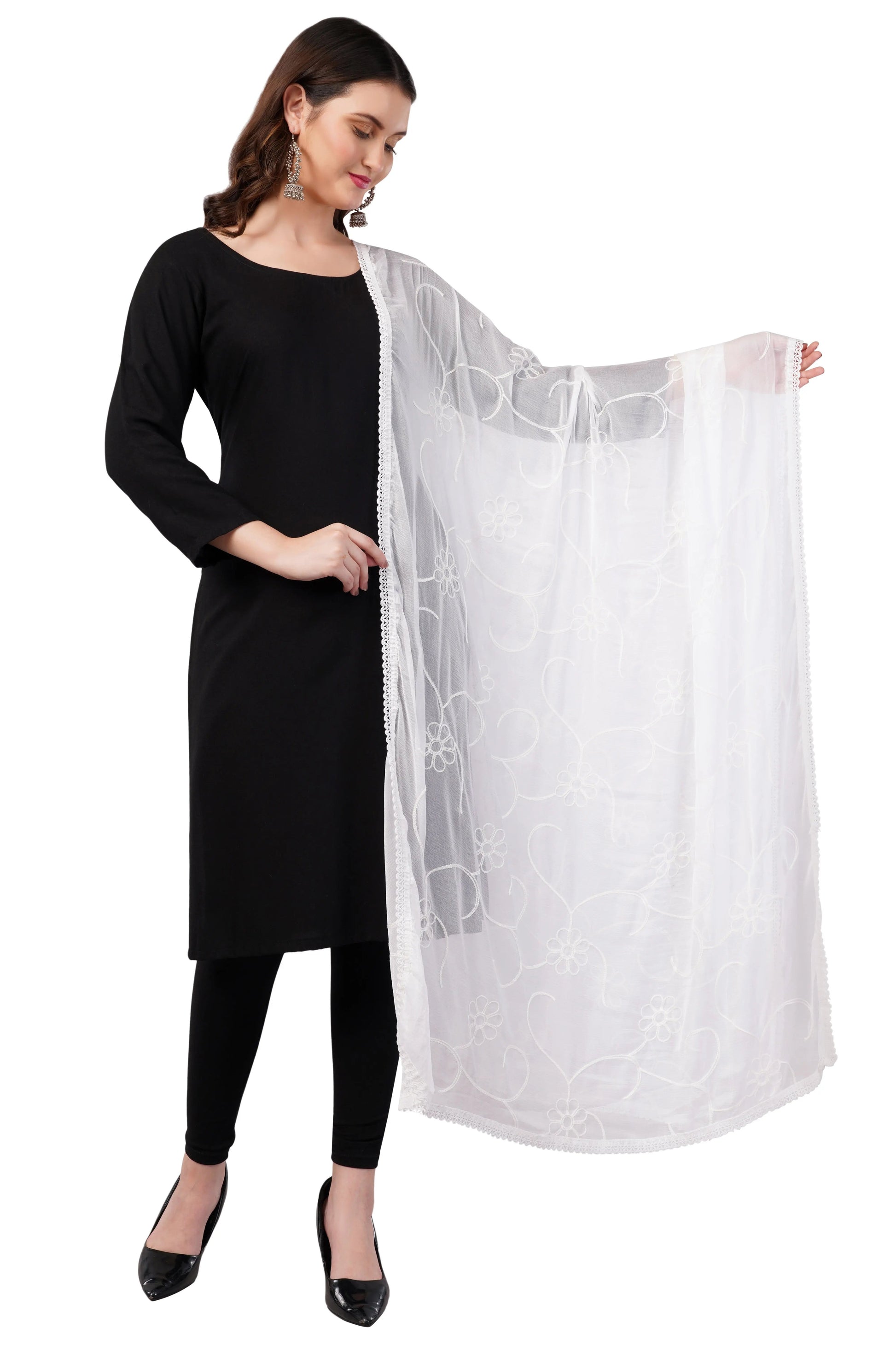 White Embroidered Dyeable Chiffon Dupatta | Nazneen Chunni (ND-1) | Ivaara.