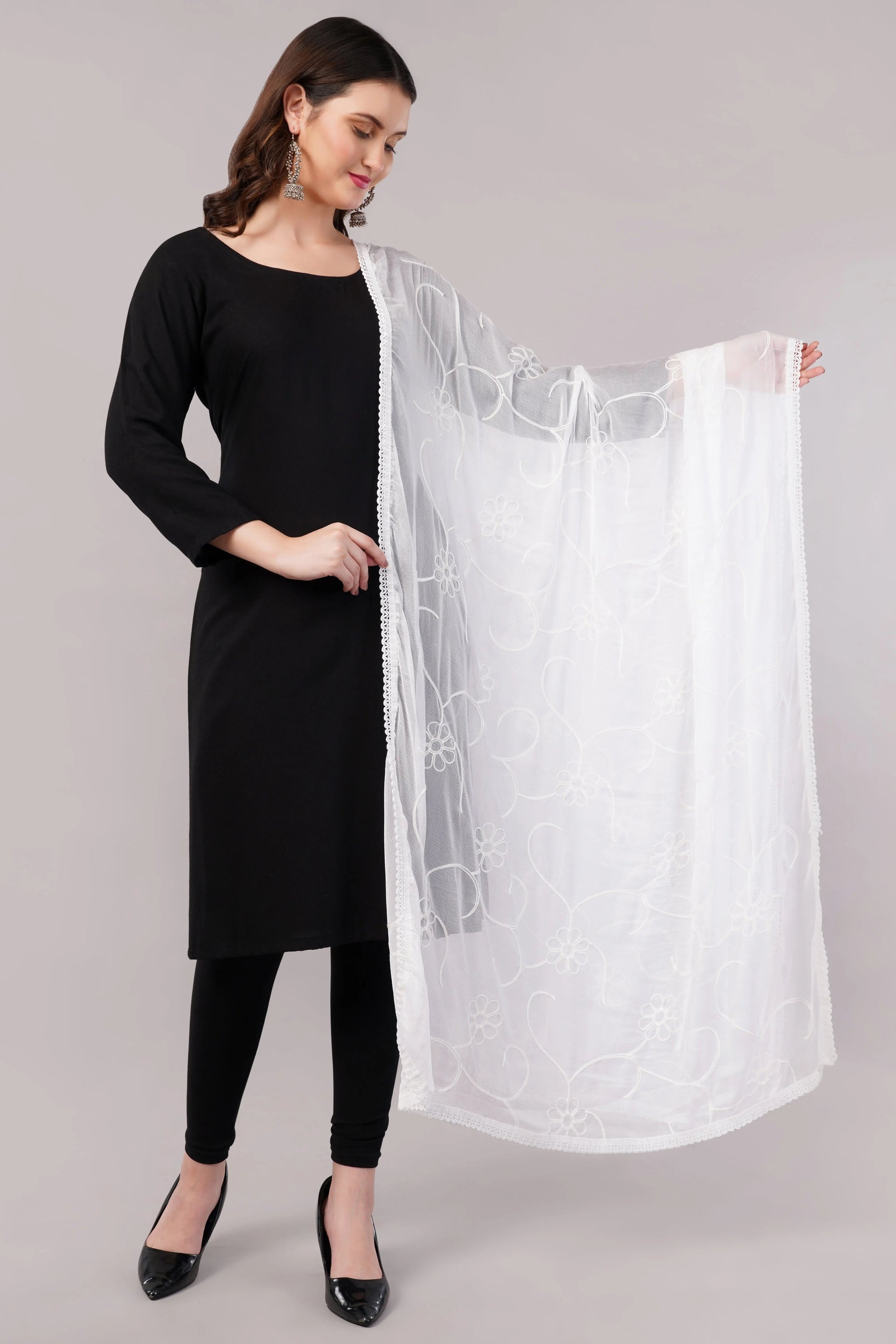 White Embroidered Dyeable Chiffon Dupatta | Nazneen Chunni (ND-1) | Ivaara.