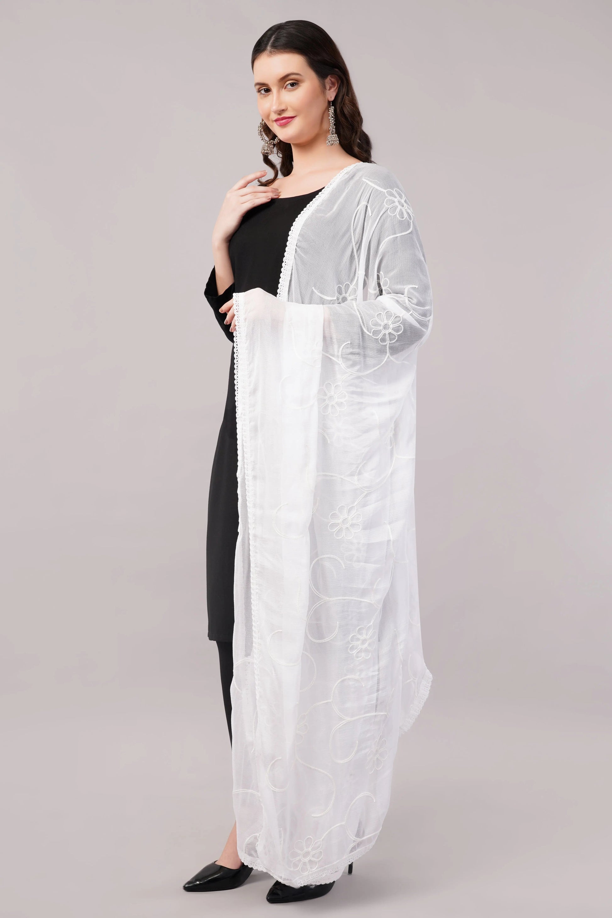 White Embroidered Dyeable Chiffon Dupatta | Nazneen Chunni (ND-1) | Ivaara.