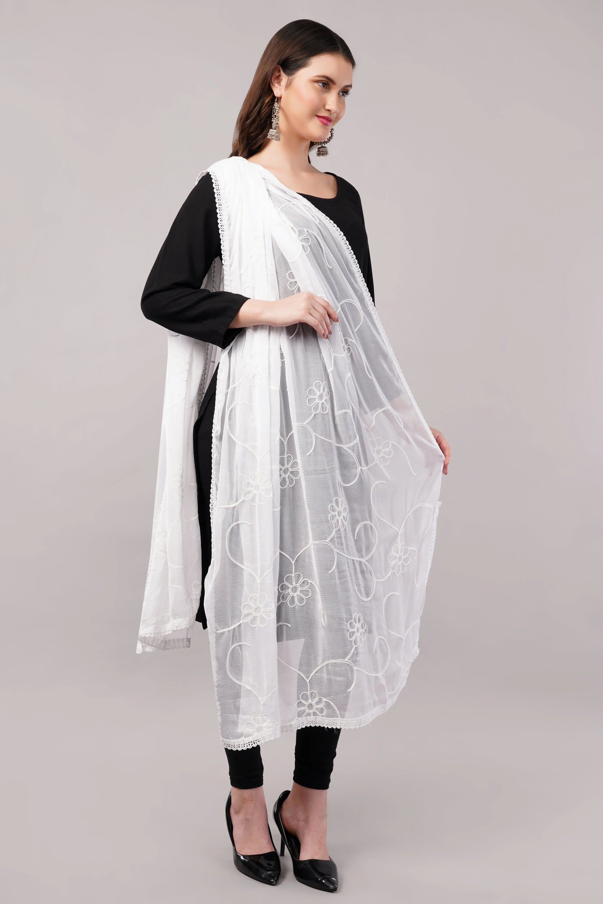 White Embroidered Dyeable Chiffon Dupatta | Nazneen Chunni (ND-1) | Ivaara.
