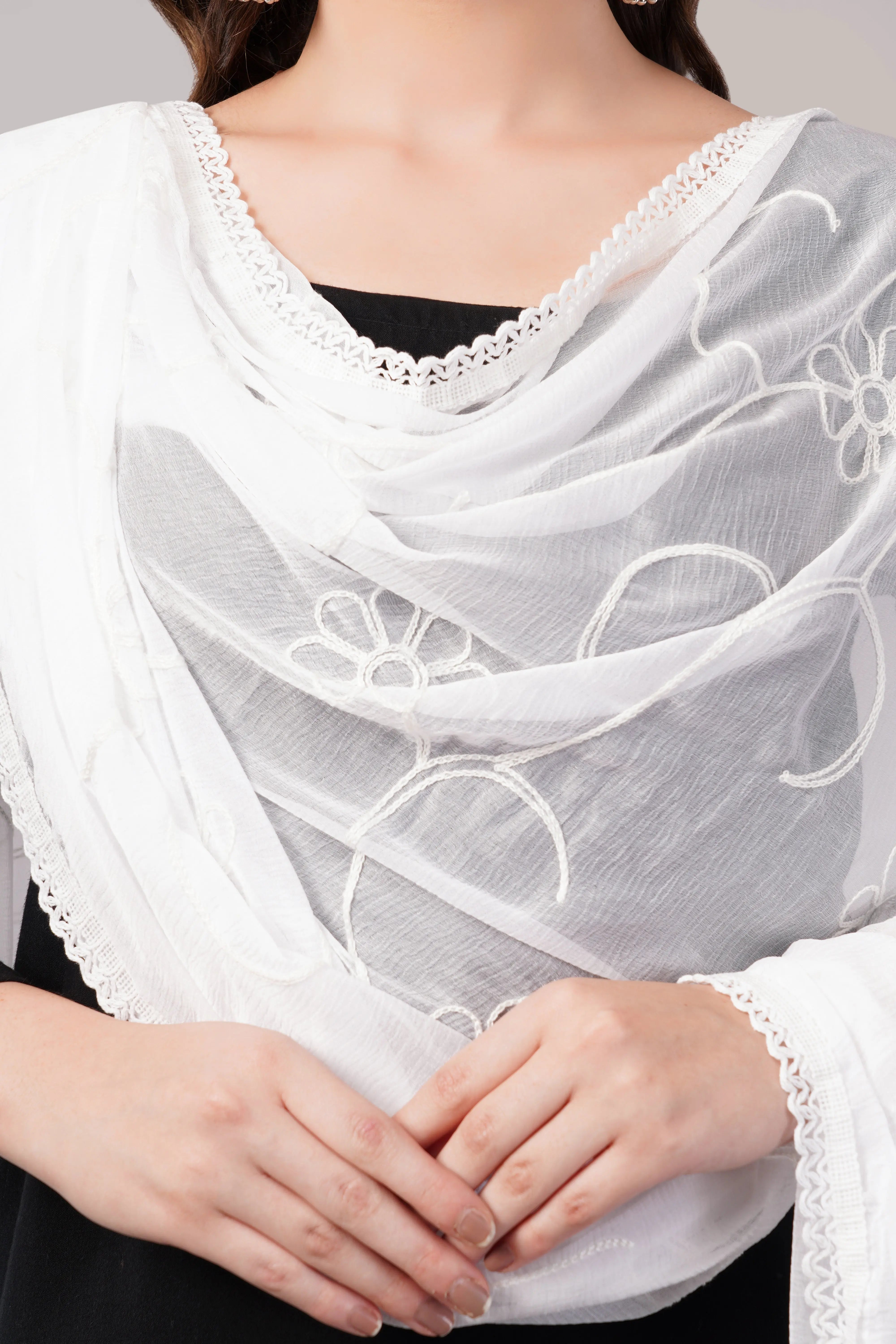 White Embroidered Dyeable Chiffon Dupatta | Nazneen Chunni (ND-1) | Ivaara.