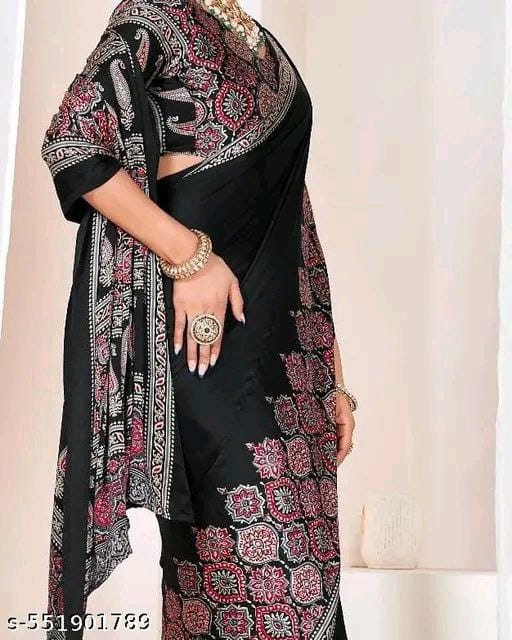 Premium Satin Crepe Black Saree | Ivaara