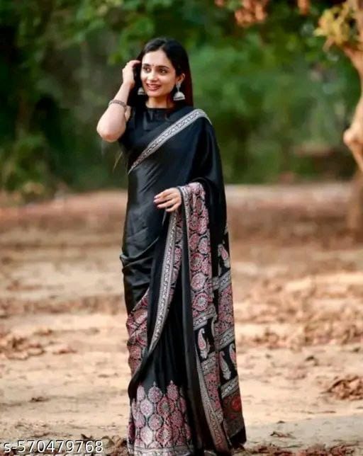 Premium Satin Crepe Black Saree | Ivaara
