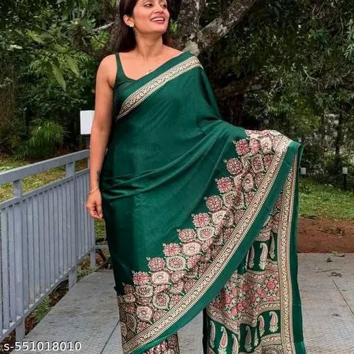 Premium Satin Crepe Bottle Green Saree | Ivaara