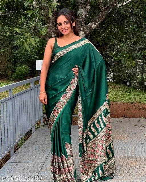 Premium Satin Crepe Bottle Green Saree | Ivaara