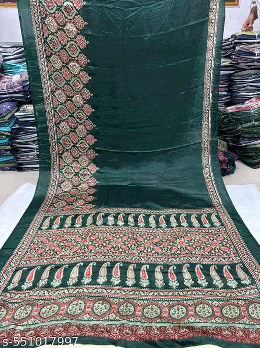 Premium Satin Crepe Bottle Green Saree | Ivaara