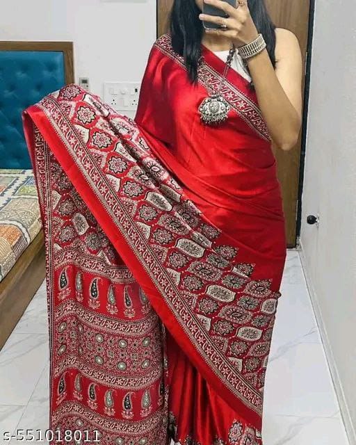 Premium Satin Crepe Red Saree | Ivaara