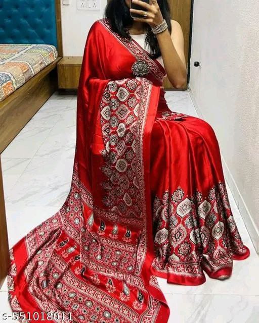 Premium Satin Crepe Red Saree | Ivaara