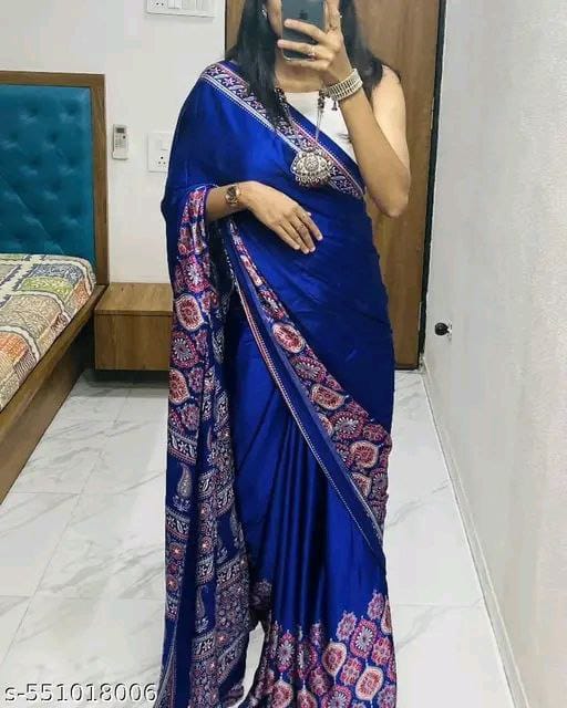 Premium Satin Crepe Royal Blue Saree | Ivaara