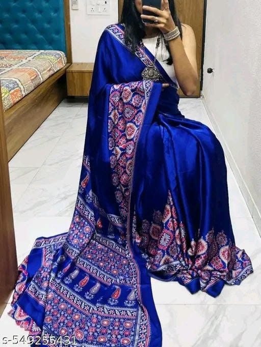 Premium Satin Crepe Royal Blue Saree | Ivaara