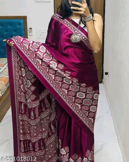Premium Satin Crepe Wine Saree | Ivaara