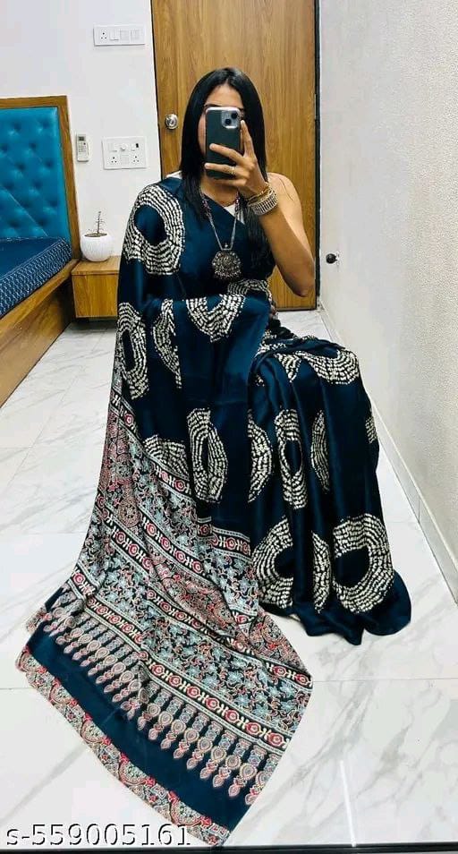 Satin Crepe Dark Teal Blue Printed Saree (SCA2) | Ivaara