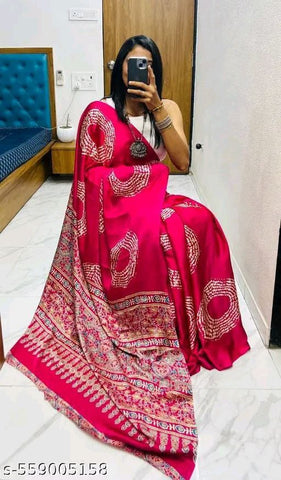 Satin Crepe Hot Pink Printed Saree (SCA6) | Ivaara