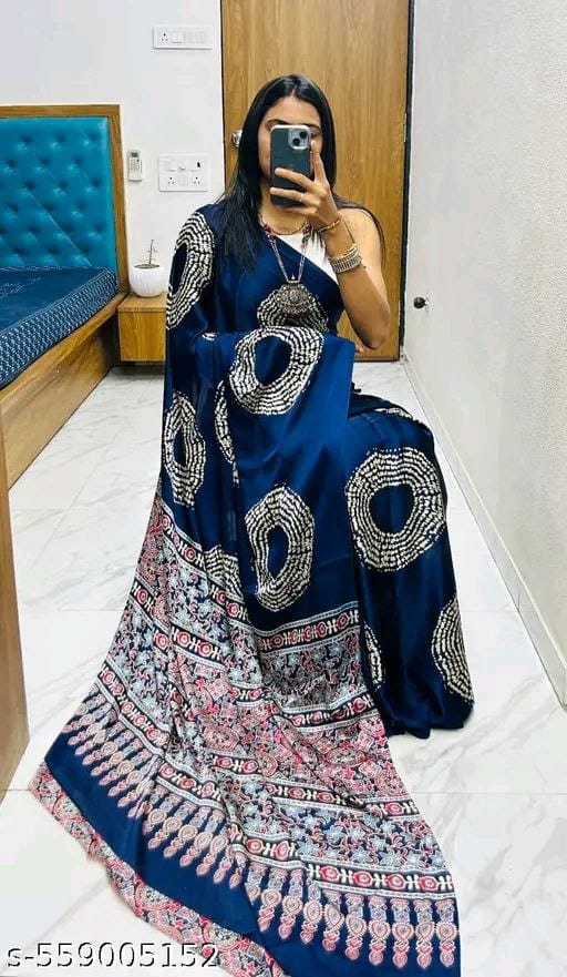 Satin Crepe Navy Blue Printed Saree (SCA1) | Ivaara