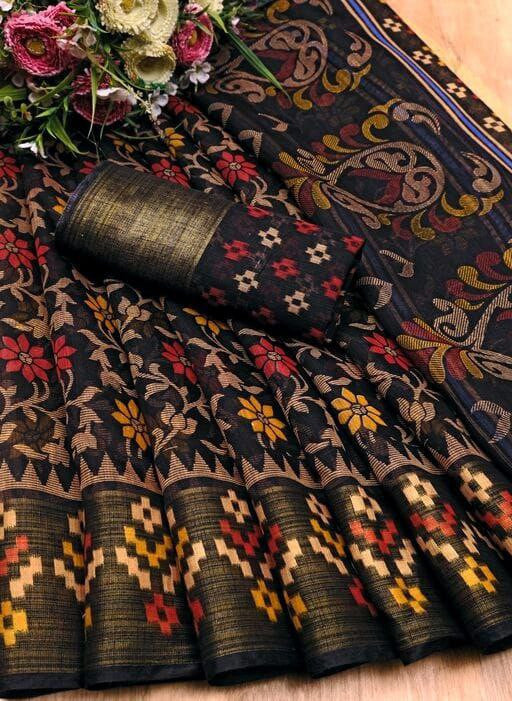 Zarina Brasso Black Cotton Saree | Ivaara's Gifting Collection.