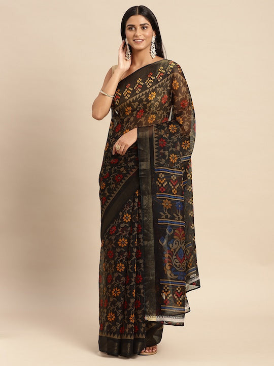 Zarina Brasso Black Cotton Saree | Ivaara's Gifting Collection.