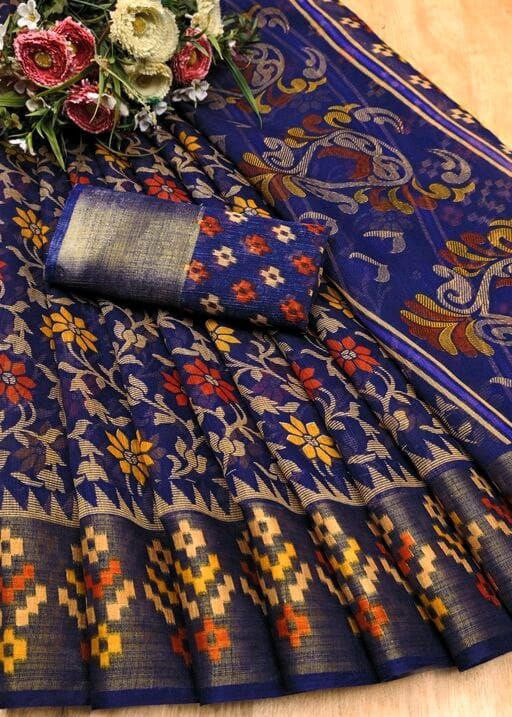 Zarina Brasso Navy Blue Cotton Saree | Ivaara's Gifting Collection.