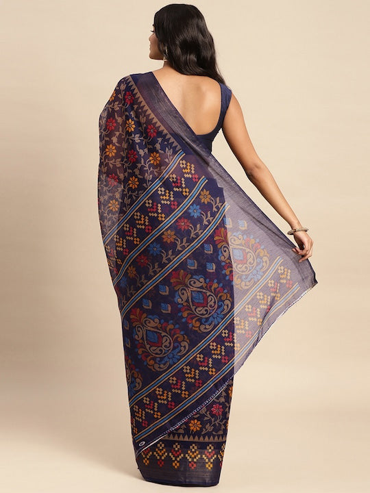 Zarina Brasso Navy Blue Cotton Saree | Ivaara's Gifting Collection.