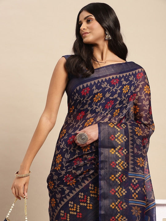 Zarina Brasso Navy Blue Cotton Saree | Ivaara's Gifting Collection.