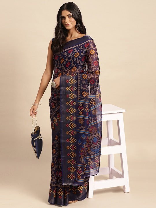 Zarina Brasso Navy Blue Cotton Saree | Ivaara's Gifting Collection.
