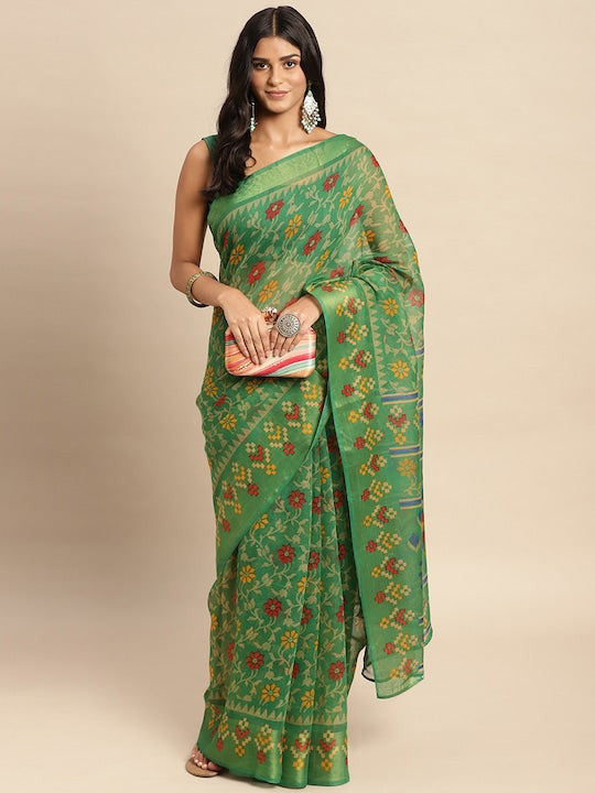Zarina Brasso Green Cotton Saree | Ivaara's Gifting Collection.